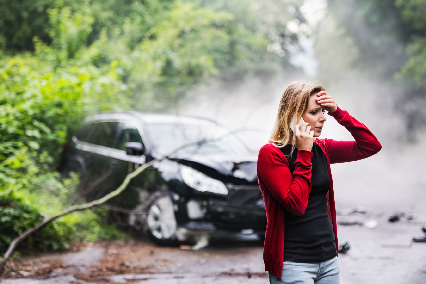 Woman,Car Wreck, on Phone